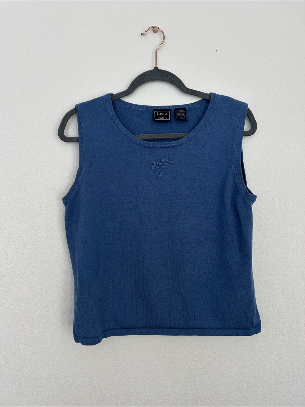 Laura Scott Blue Sleeveless Crewneck Tank with Embroidered Detail